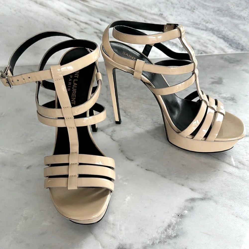 Saint Laurent T-strap Multi Strap  Patent Cream Sandals Size 8 - Picture 2 of 8